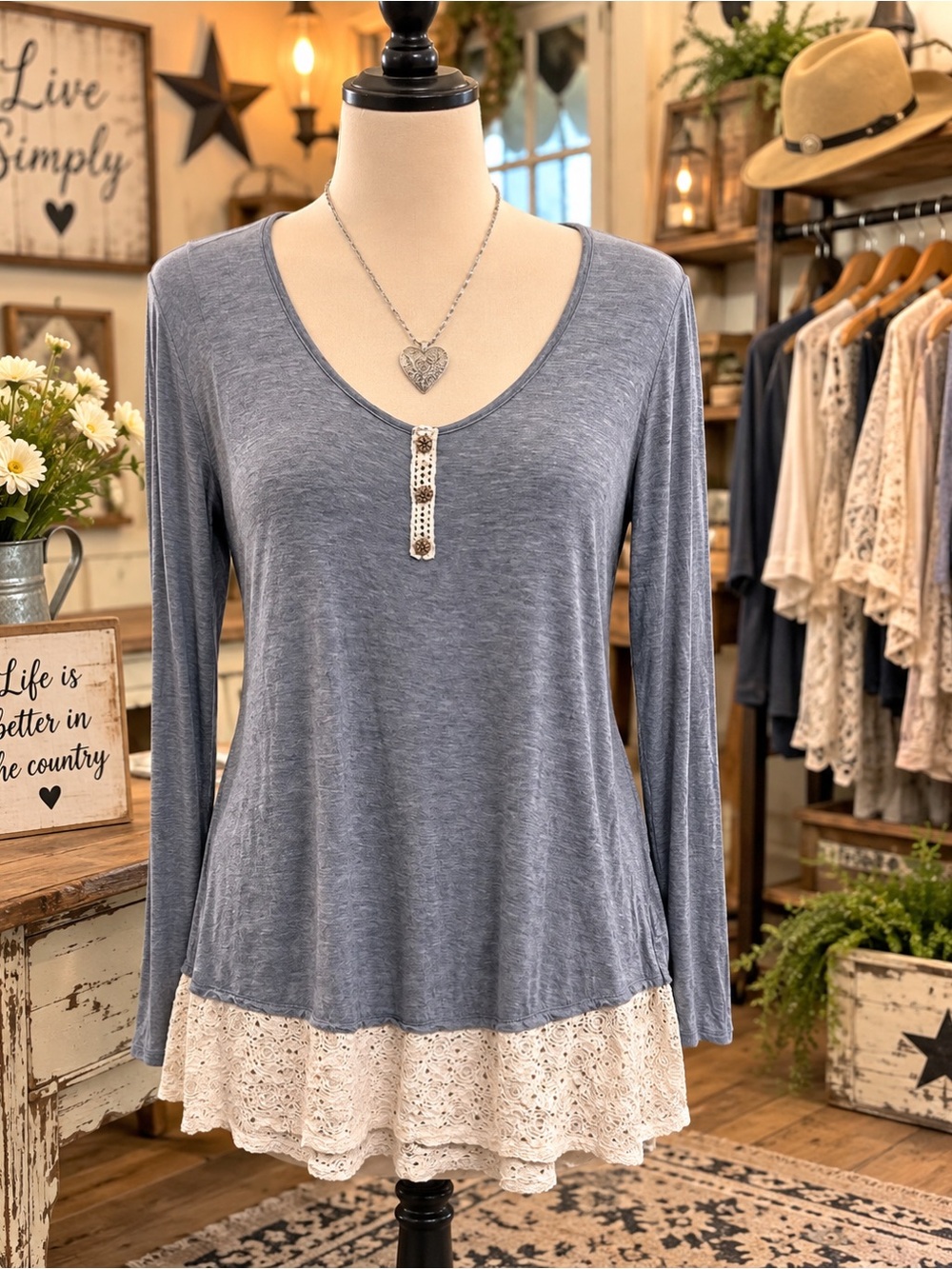 twenty second Heather Blue Long Sleeve Scoop Neck Top with Cream Lace Trim